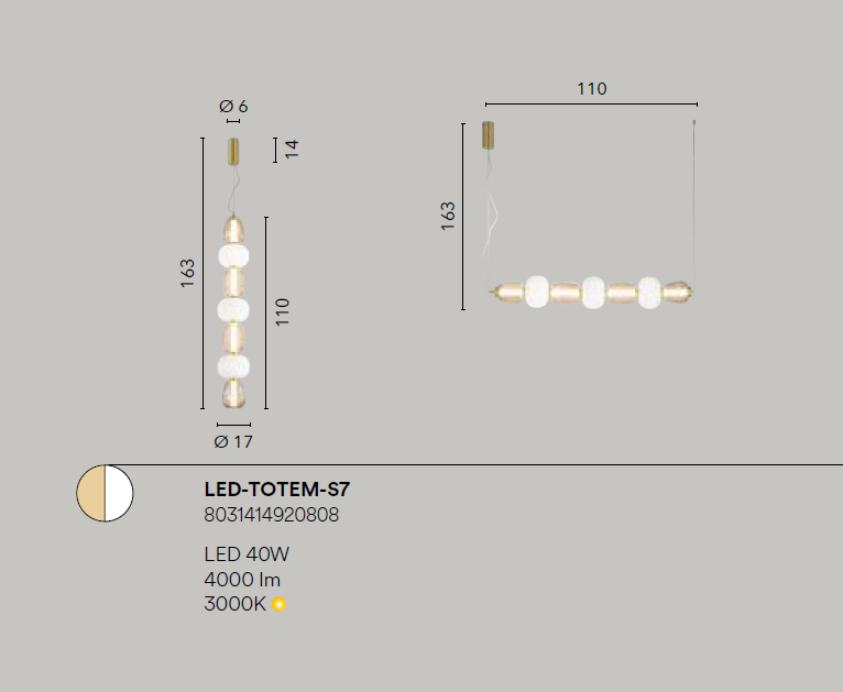 Lampadario TOTEM S7 a Sospensione 40W 163 cm In Vetro