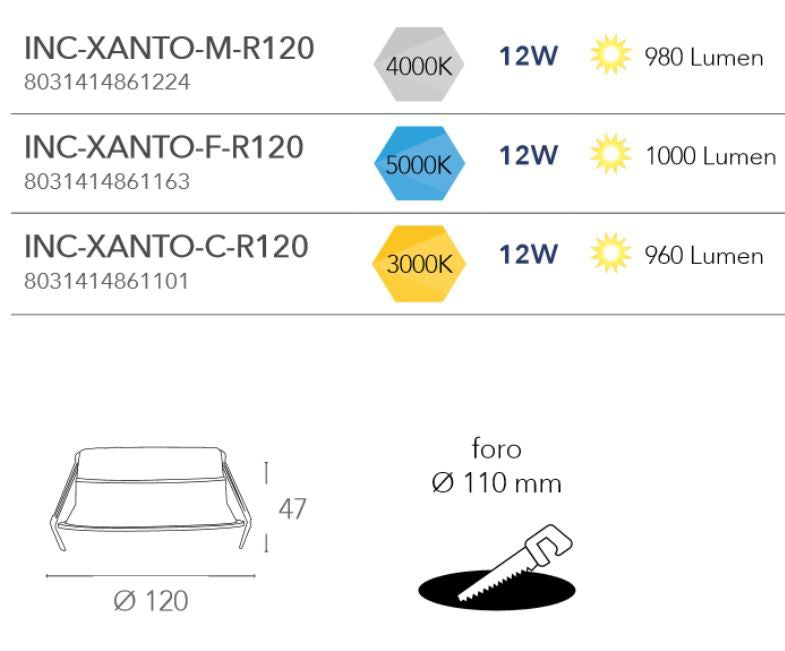 Faretto XANTO 12 cm rotondo Da Incasso Led 12w in alluminio