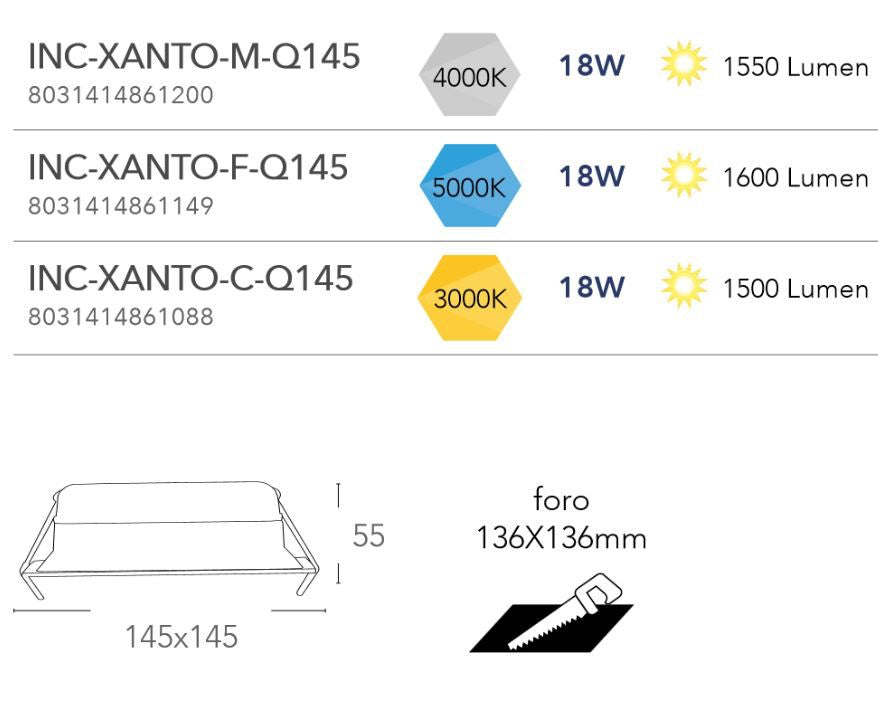 Faretto XANTO 14,5x14,5 cm Quadrato Da Incasso Led 18W alluminio