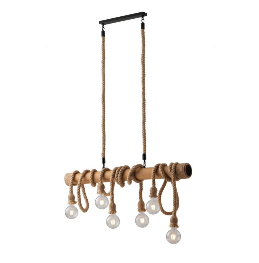 Lampadario ROPE a Sospensione 6 Luci Led (E27) 100 cm In Legno e Corda