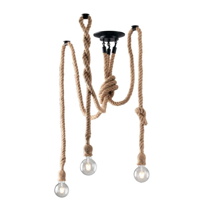 Lampadario ROPE a Sospensione 3 Luci Led (E27) 250 cm In Corda di Canapa