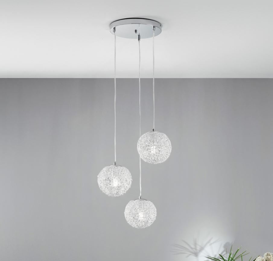 Lampadario ASTRA a Sospensione 3 luci Led(E27) 120x40 cm In Metallo e Cristallo