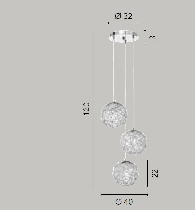 Lampadario ASTRA a Sospensione 3 luci Led(E27) 120x40 cm In Metallo e Cristallo