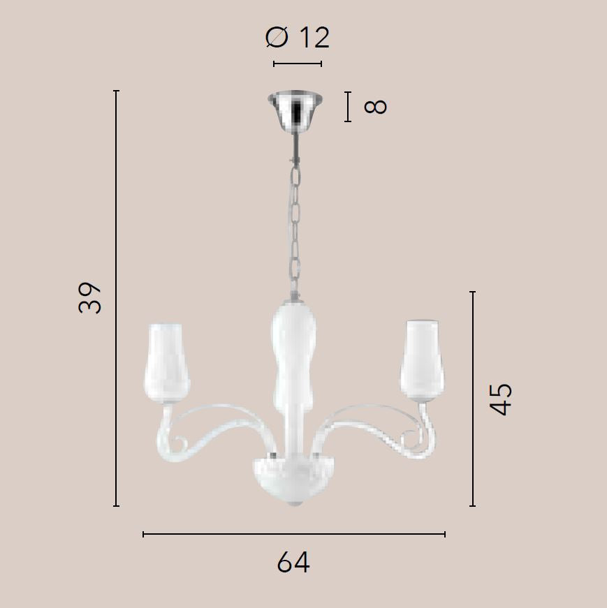 Lampadario SOFFIO a Sospensione 3 luci Led(E14) 115x64 cm In Vetro Soffiato