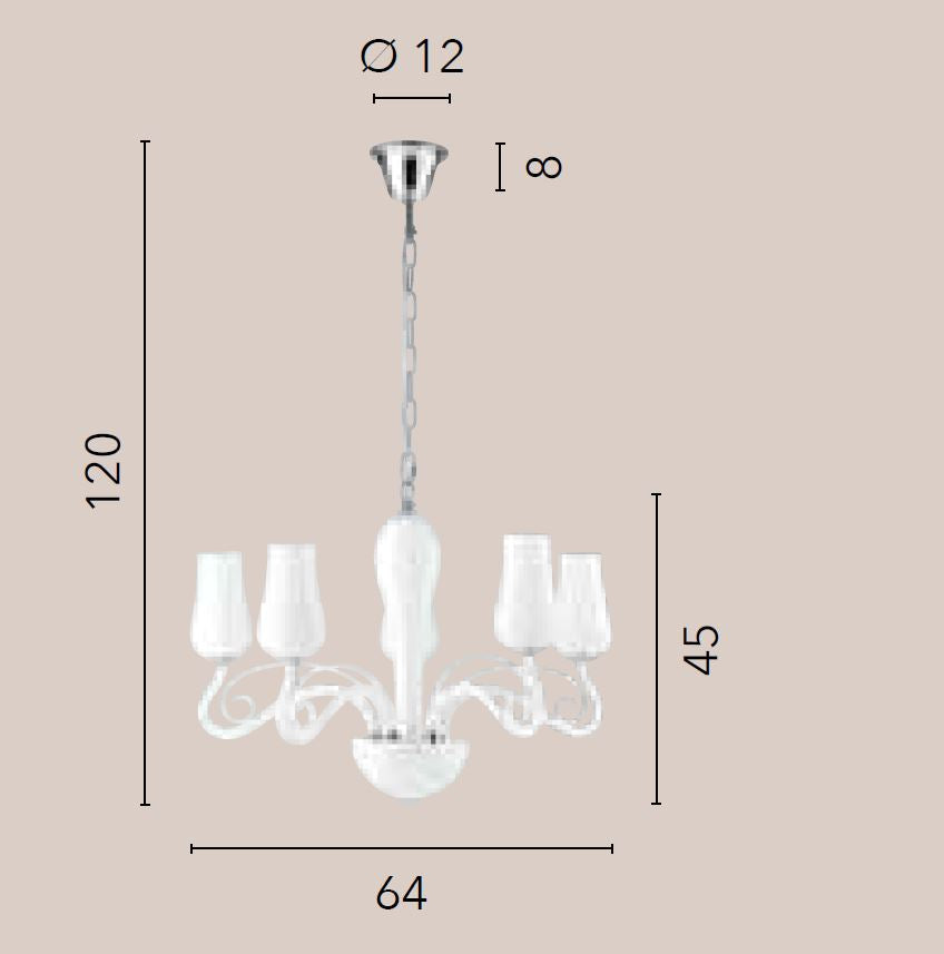 Lampadario SOFFIO a Sospensione 5 luci Led(E14) 120x64 cm In Vetro Soffiato