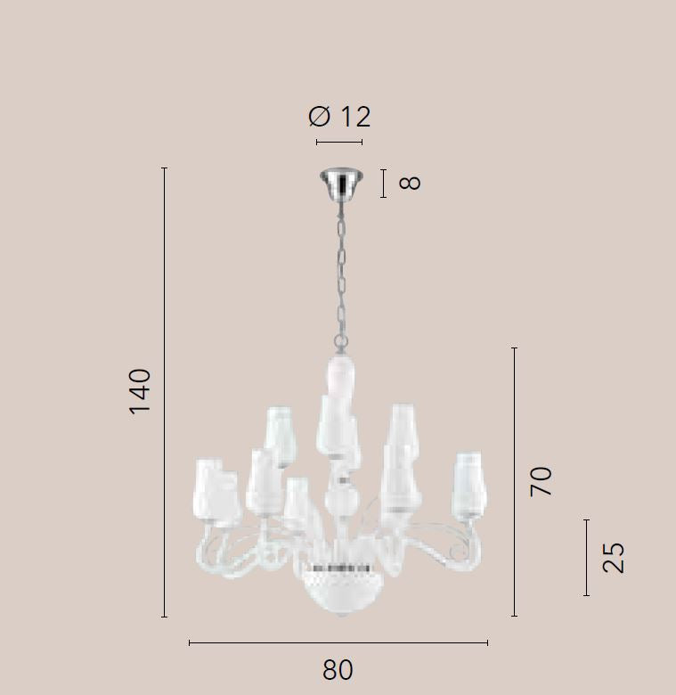 Lampadario SOFFIO a Sospensione 12 luci Led(E14) 140x80 cm In Vetro Soffiato