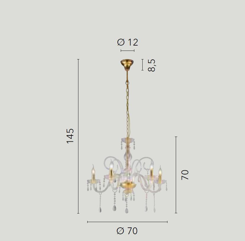 Lampadario MONALISA a Sospensione 5 luci Led(E14) 145x70 cm In Vetro e Cristallo