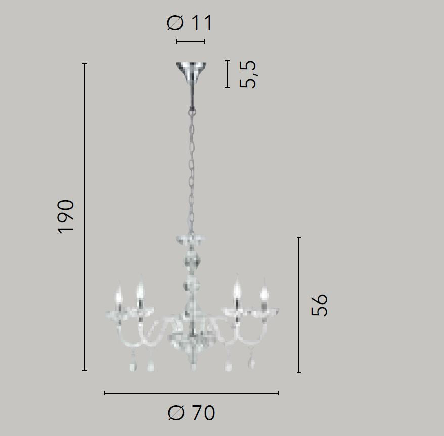 Lampadario RIFLESSO a Sospensione 5 Luci Led (E14) 70 cm In Cristallo
