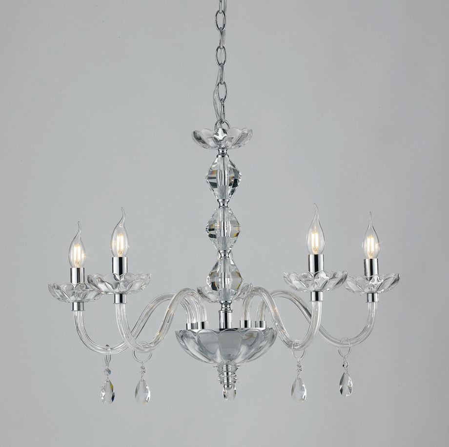 Lampadario RIFLESSO a Sospensione 5 Luci Led (E14) 70 cm In Cristallo