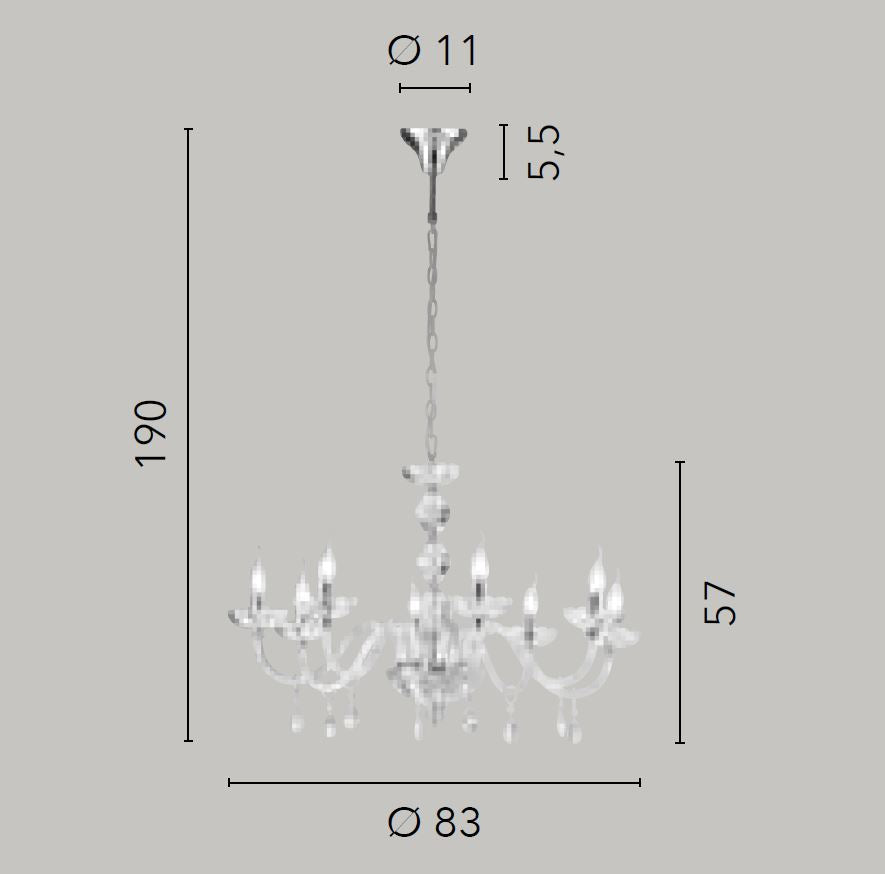 Lampadario RIFLESSO a Sospensione 8 Luci Led (E14) 83cm In Cristallo