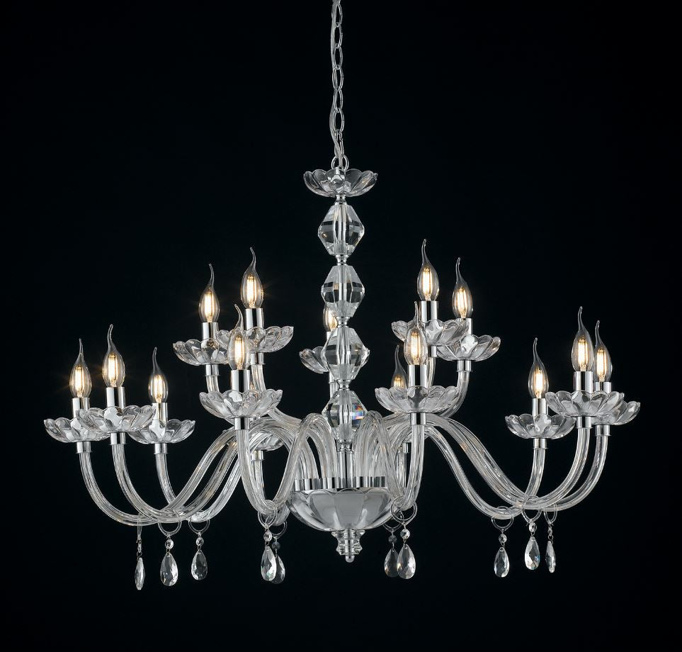 Lampadario RIFLESSO a Sospensione 15 Luci Led (E14) 94 cm In Cristallo
