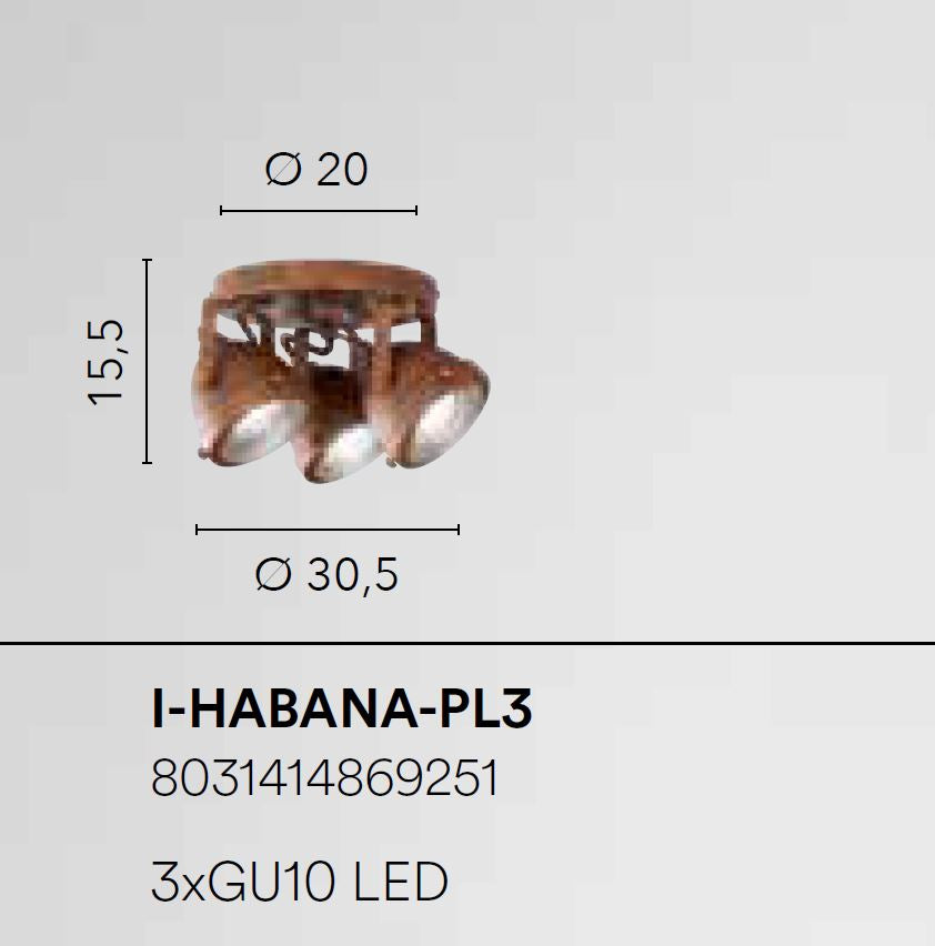 Plafoniera HABANA 3 Luci Led (GU10) 30,5 cm In Metallo
