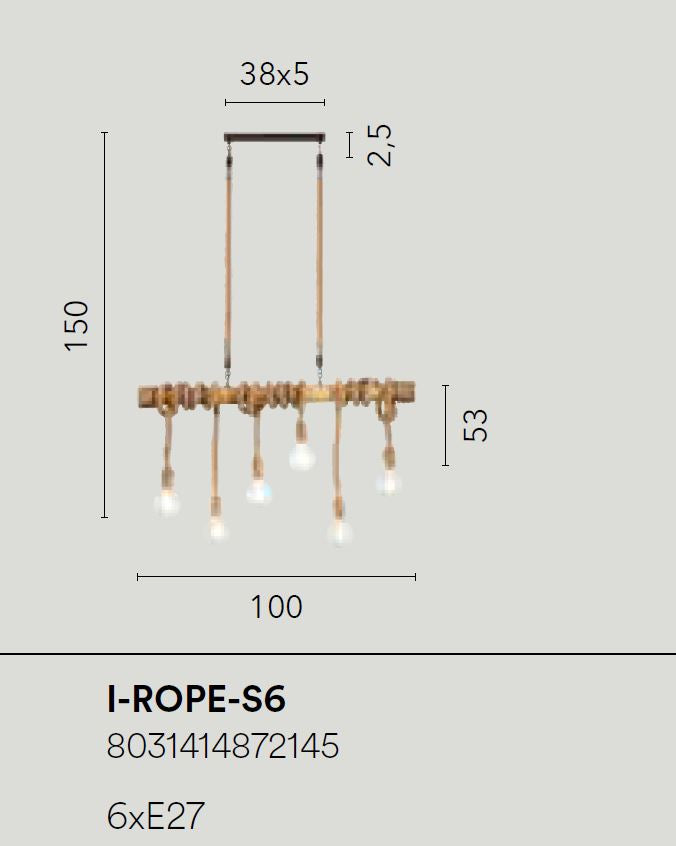 ROPE Pendant Lamp 6 LED Lights (E27) 100 cm In Wood and Rope