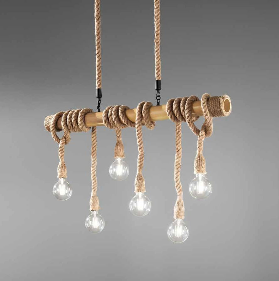 Lampadario ROPE a Sospensione 6 Luci Led (E27) 100 cm In Legno e Corda