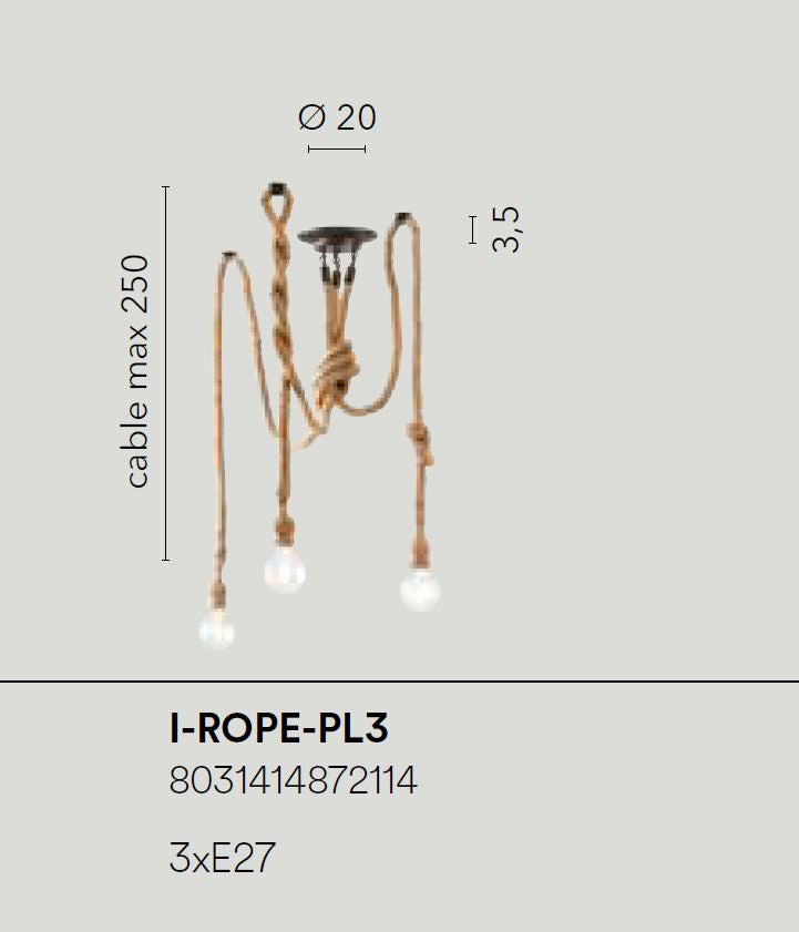 Lampadario ROPE a Sospensione 3 Luci Led (E27) 250 cm In Corda di Canapa