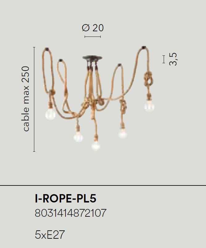 Lampadario ROPE a Sospensione 5 Luci Led (E27) 250 cm In Corda di Canapa