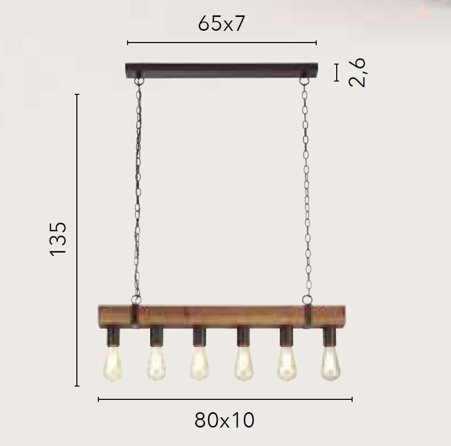 TEXAS Pendant Lamp 6 LED Lights (E27) 80 cm In Wood