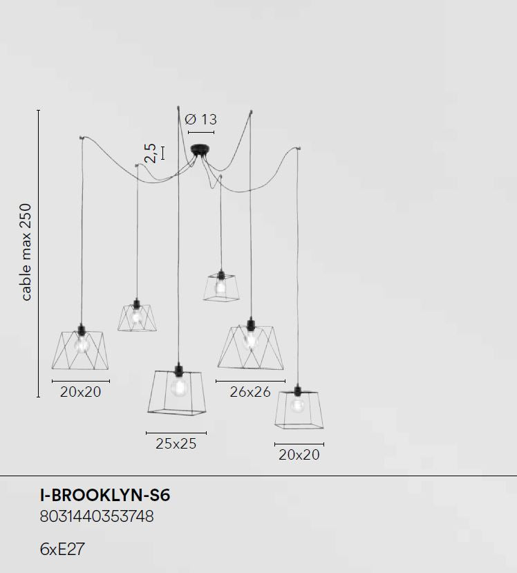 Lampadario BROOKLYN a Sospensione 6 Luci Led (E27) 250 cm In Metallo