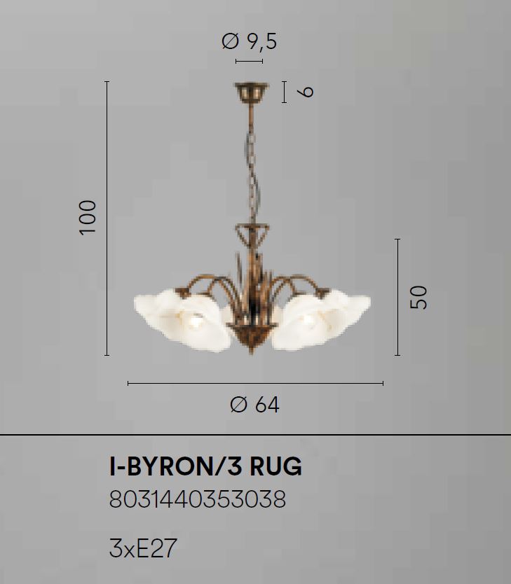 Lampadario BYRON a Sospensione 3 luci Led(E27) 100x64 cm in Metallo e Vetro