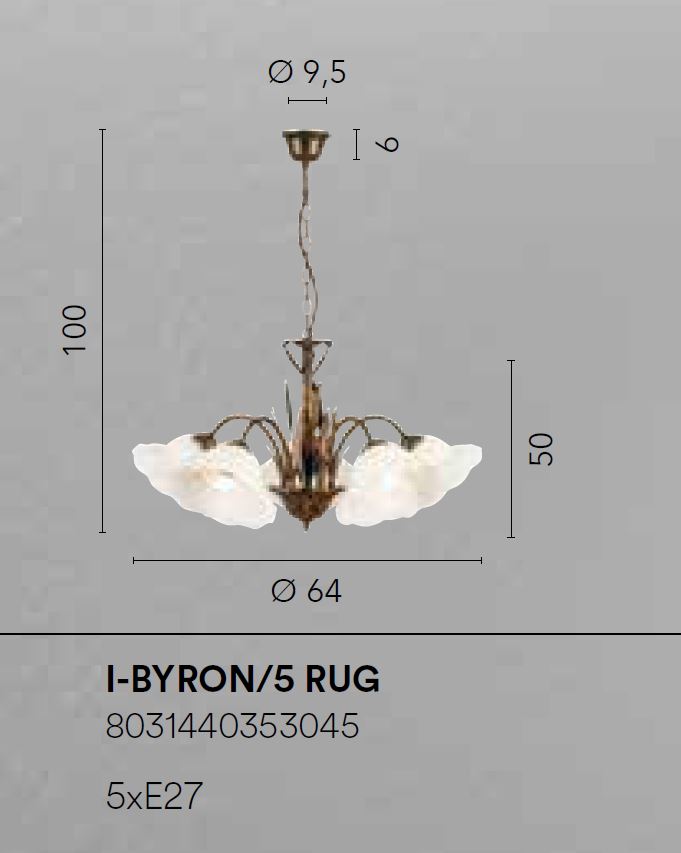 Lampadario BYRON a Sospensione 5 luci Led(E27) 100x64 cm in Metallo e Vetro