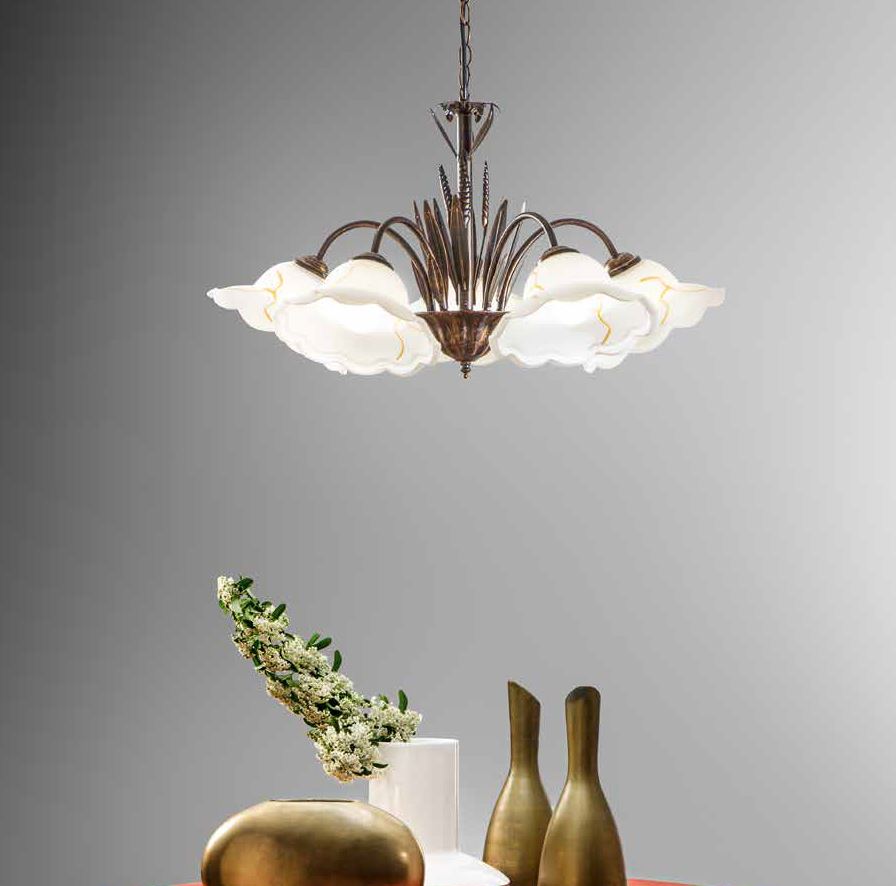 Lampadario BYRON a Sospensione 5 luci Led(E27) 100x64 cm in Metallo e Vetro