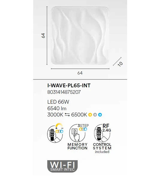 Plafoniera led WAVE bianca 66w 6540lm cct 3000 e 4000 e 6500k dimmerabile wi-fi con telecomando 64x10x64cm