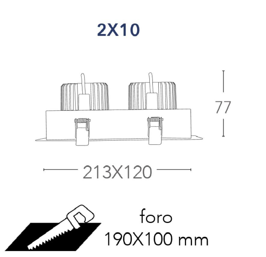 APOLLO 2-light spotlight 10x10 cm 20w recessed in aluminium and anti-glare.