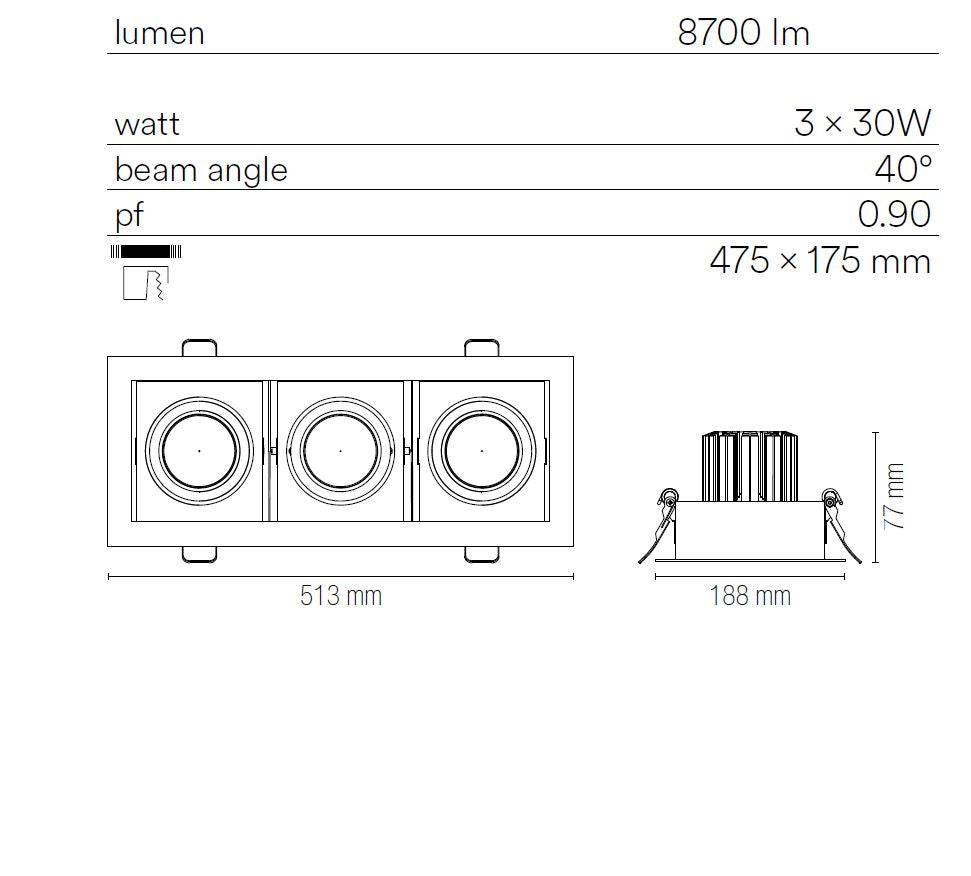 APOLLO 3-light spotlight 18.8x18.8 cm 90w recessed in aluminium and anti-glare.