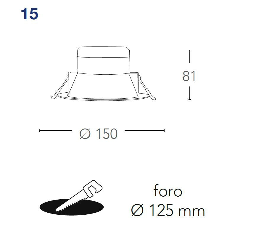 Faretto MACK 15 cm 15w ad incasso in policarbonato ed anti abbagliamento
