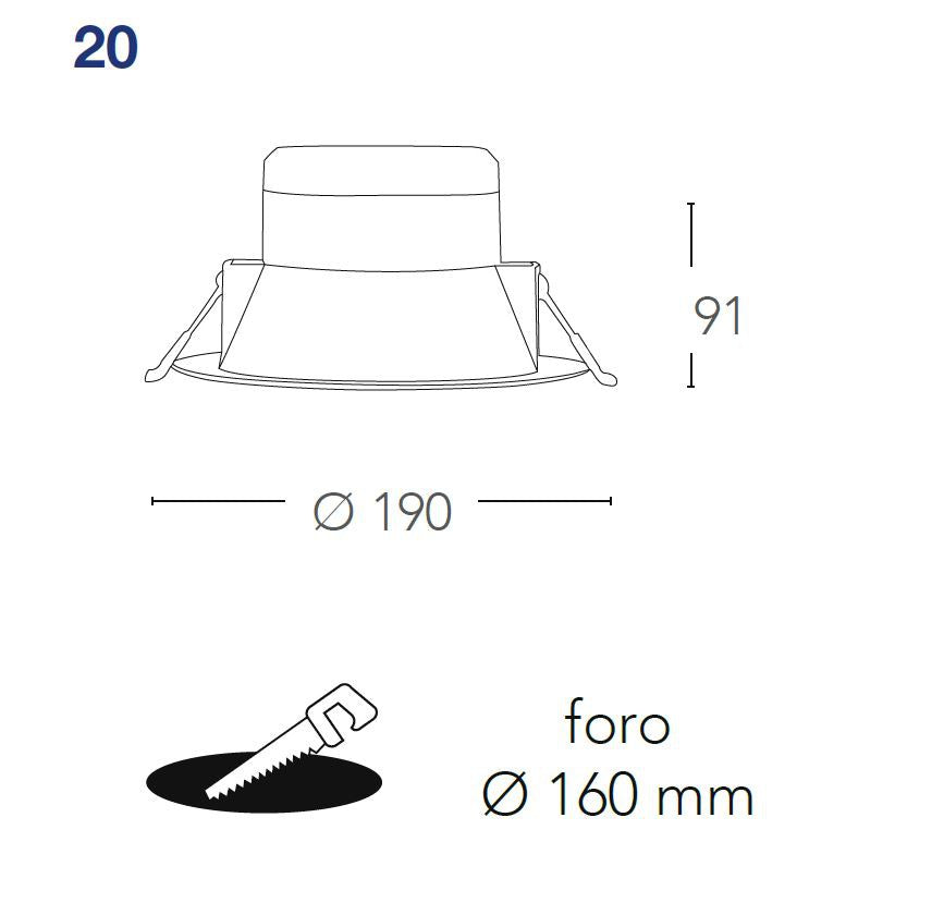 MACK 19 cm 20w recessed spotlight in polycarbonate and anti-glare