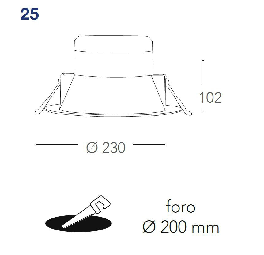 Faretto MACK 23 cm 25w ad incasso in policarbonato ed anti abbagliamento