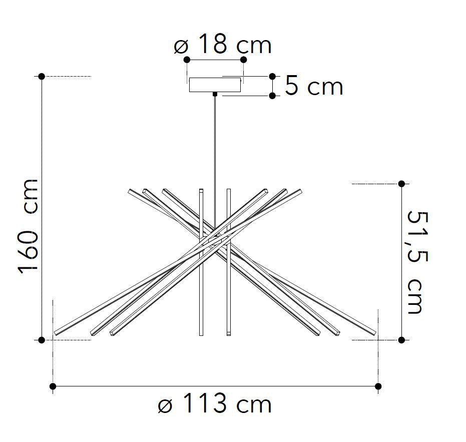 Lampadario SHANGAI a Sospensione 8 Bacchette Nero 54W 160 cm In Alluminio