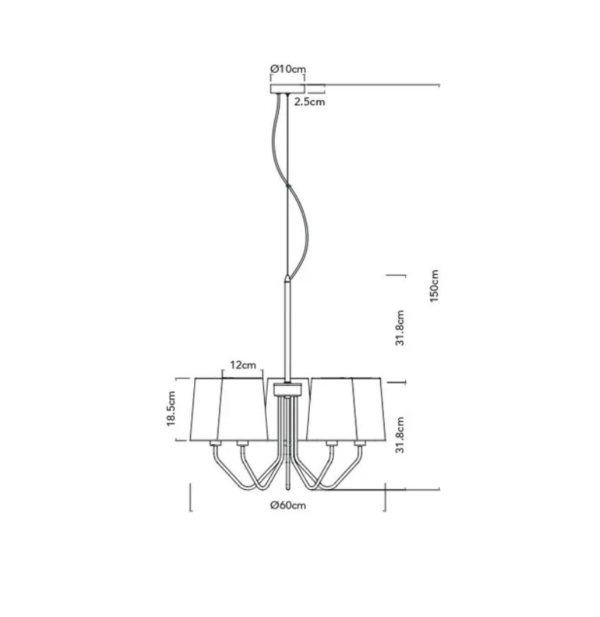 Lampadario SALLY a Sospensione 5 luci Led(E14) 150x60 cm in Metallo e Vetro