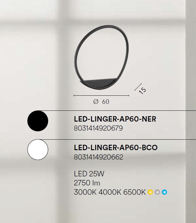 Applique LINGER CCT Led 25W 60 cm In Metallo
