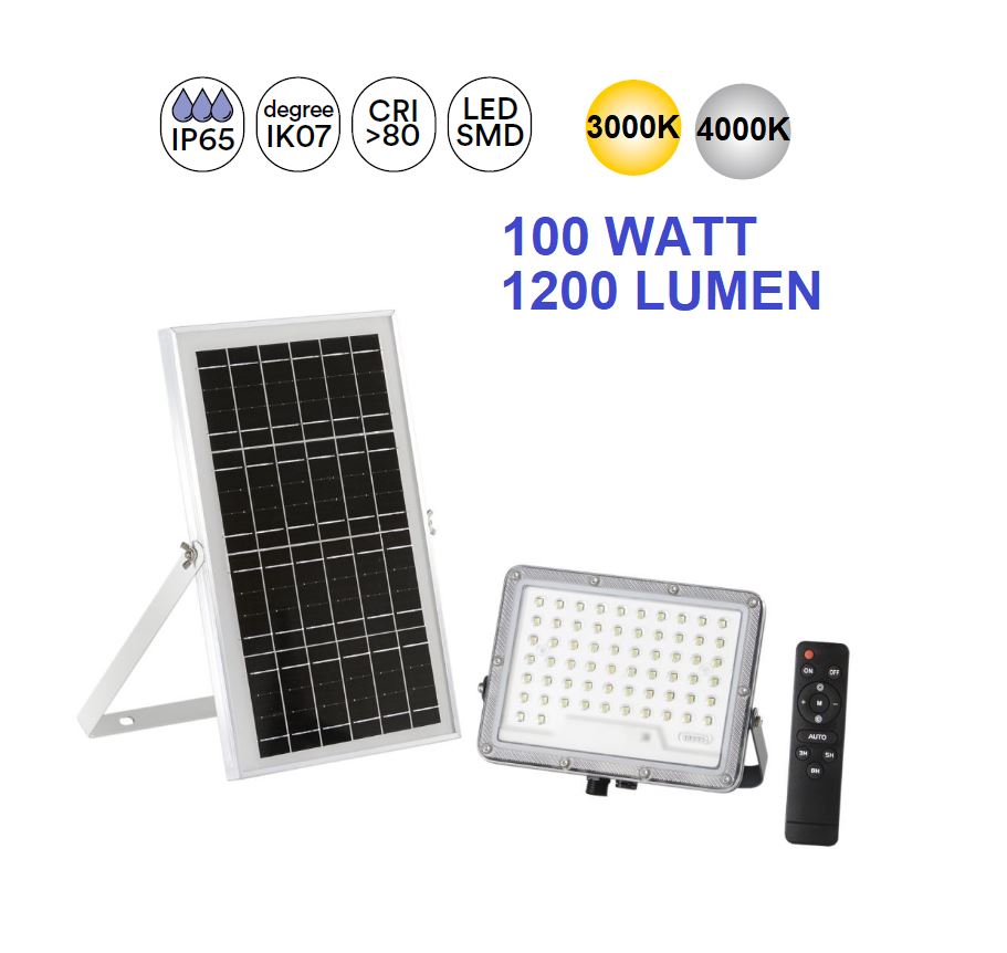 Proiettore Led Con Pannello Solare 100w 1200 Lumen Per Esterno IP65 Glaser Intec Light