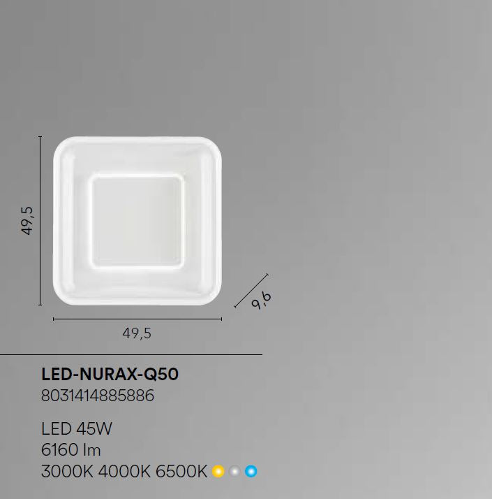 Plafoniera NURAX CCT Quadrata 49.5 cm In Alluminio e Acrilico