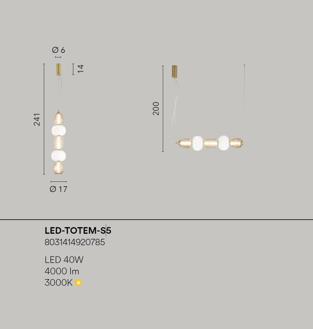 Lampadario TOTEM S5 a Sospensione 40W 241 cm In Vetro