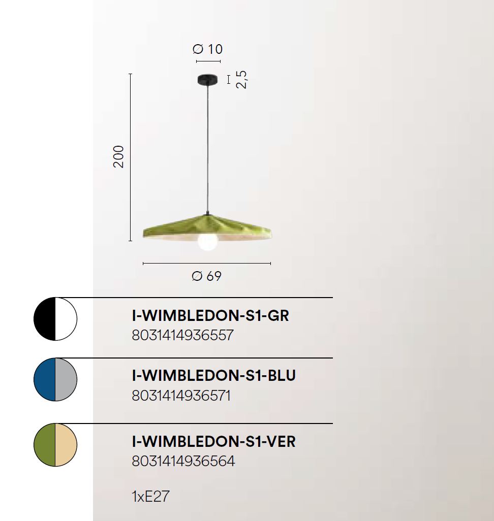 Lampadario WIMBLEDON a Sospensione 1 luce Led(E27) 200x70 cm In Feltro
