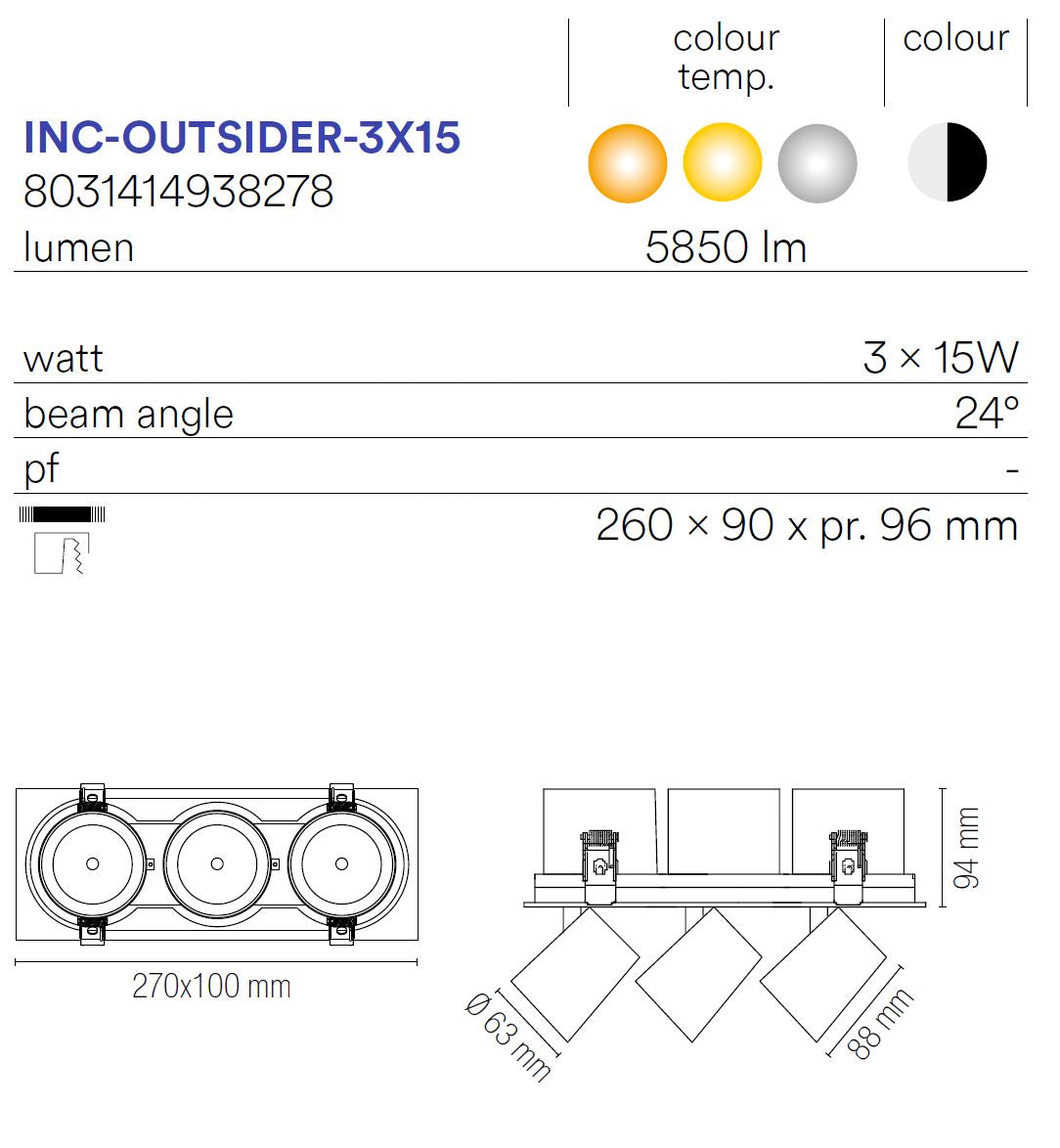Faretto LED da Incasso Orientabile OUTSIDER 3x30W Triplo CCT 2700K/3200K/4000K CRI90+
