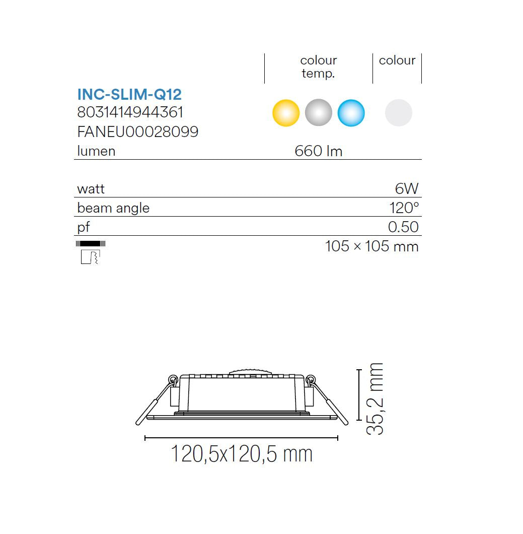 Faretto da incasso LED con fonte luminosa fisso INC-SLIM-Q12 bianco 12x12 cm CCT da bianco caldo a bianco freddo INTEC
