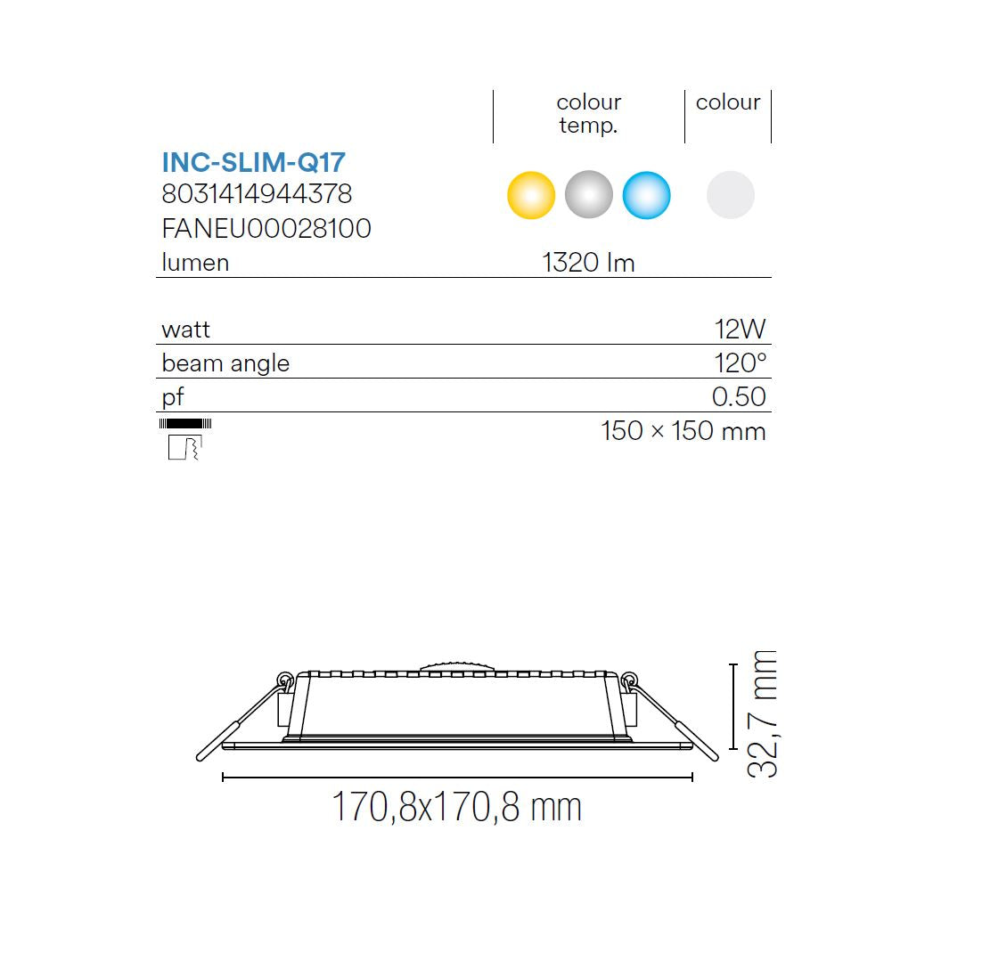 Faretto da incasso LED con fonte luminosa fisso Slim Q17 bianco 17x17 cm CCT da bianco caldo a bianco freddo INTEC