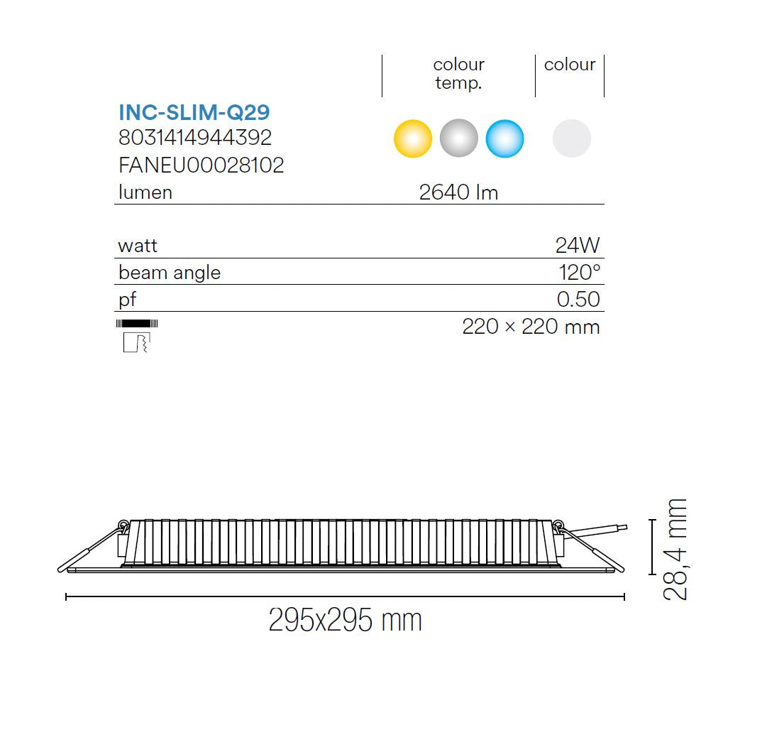 Faretto da incasso LED con fonte luminosa fisso INC-SLIM-Q22 bianco 22x22 cm CCT da bianco caldo a bianco freddo INTEC