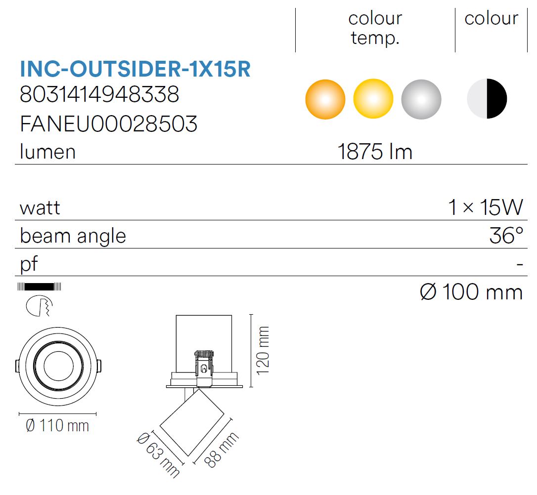 Incasso Cilindro Estraibile Outsider Bianco Led 30w CCT Ottica 36 CRI90 Intec