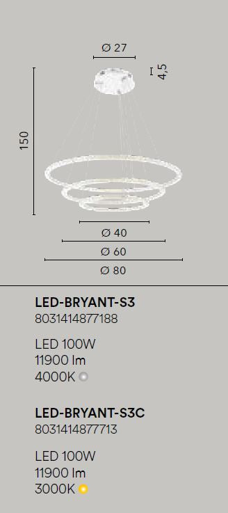 Lampadario BRYANT a sospensione 3 cerchi 80 cm 100W In Alluminio