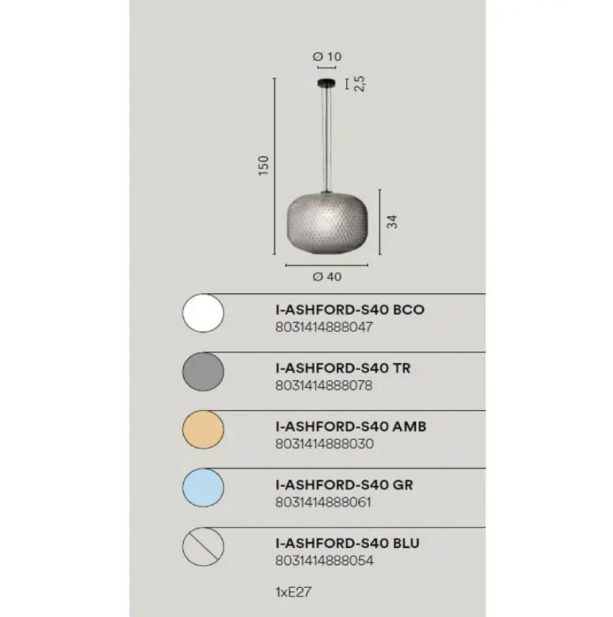 Lampadario ASHFORD a Sospensione E27 40 cm in Vetro