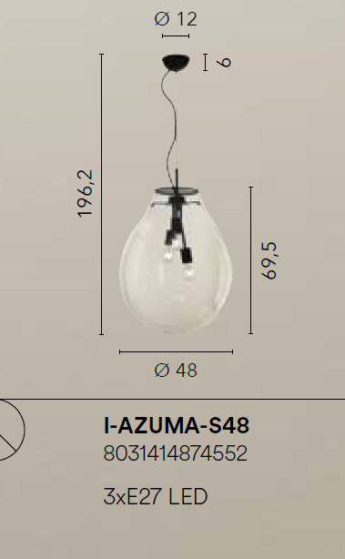 Lampadario AZUMA a Sospensione Led(3xE27) 48 cm In Vetro Soffiato