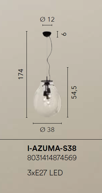 AZUMA Led Chandelier (3xE27) 38 cm In Blown Glass