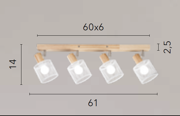 Plafoniera TWINSET 4 Portalampade Led(E14) 60 cm in Legno