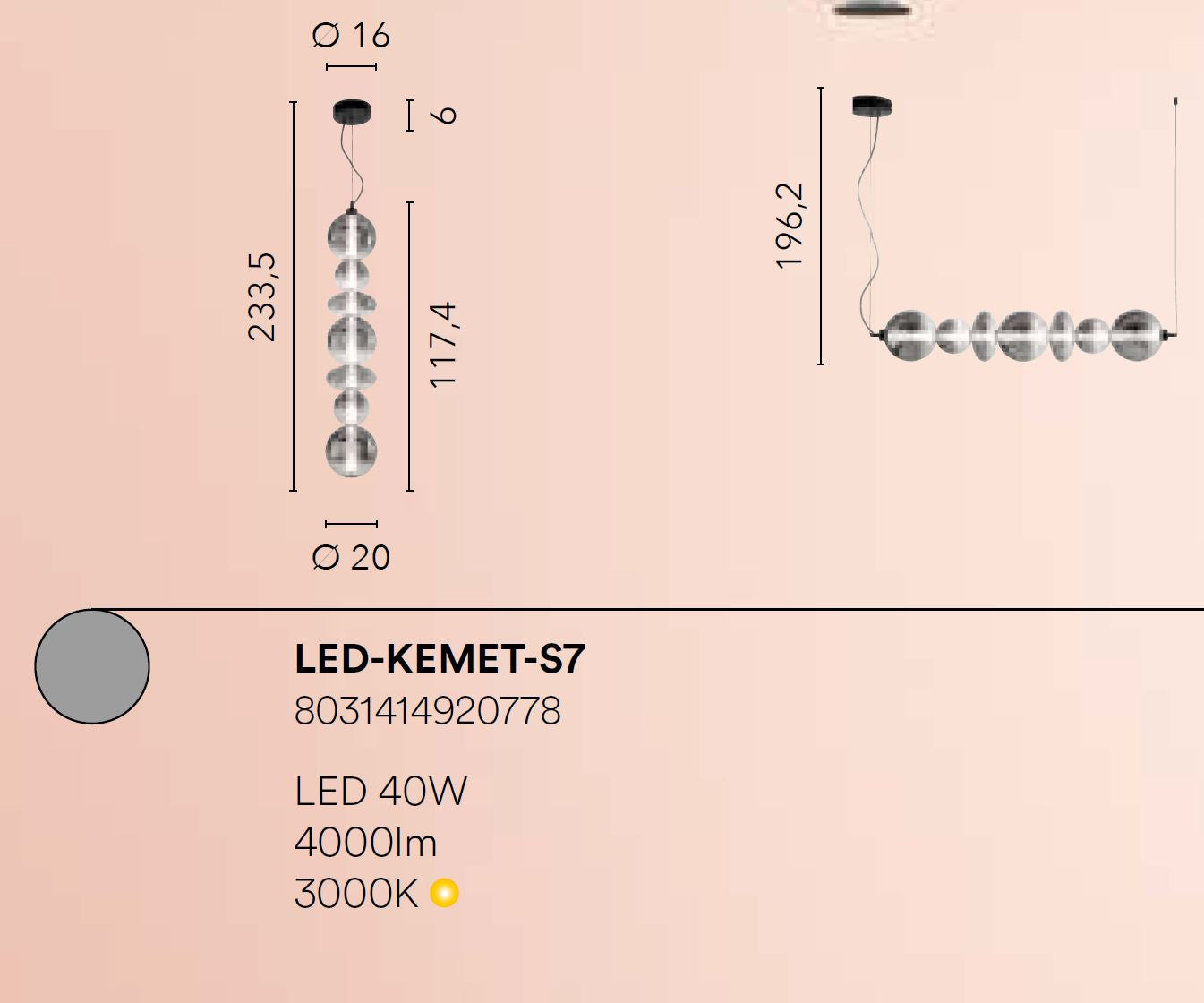 Lampadario KEMET Led 233.5 cm 40W In Vetro