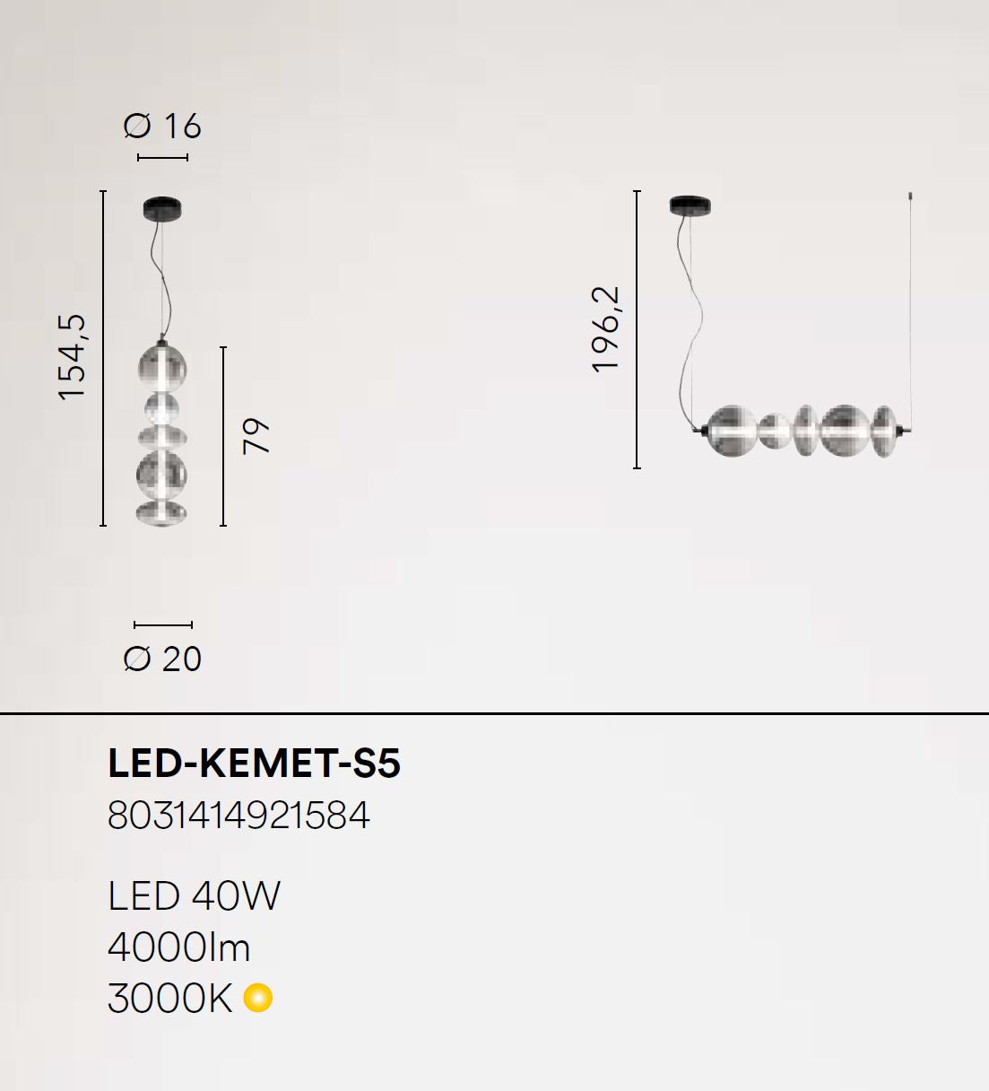 Lampadario KEMET Led 155 cm 40 W In Vetro